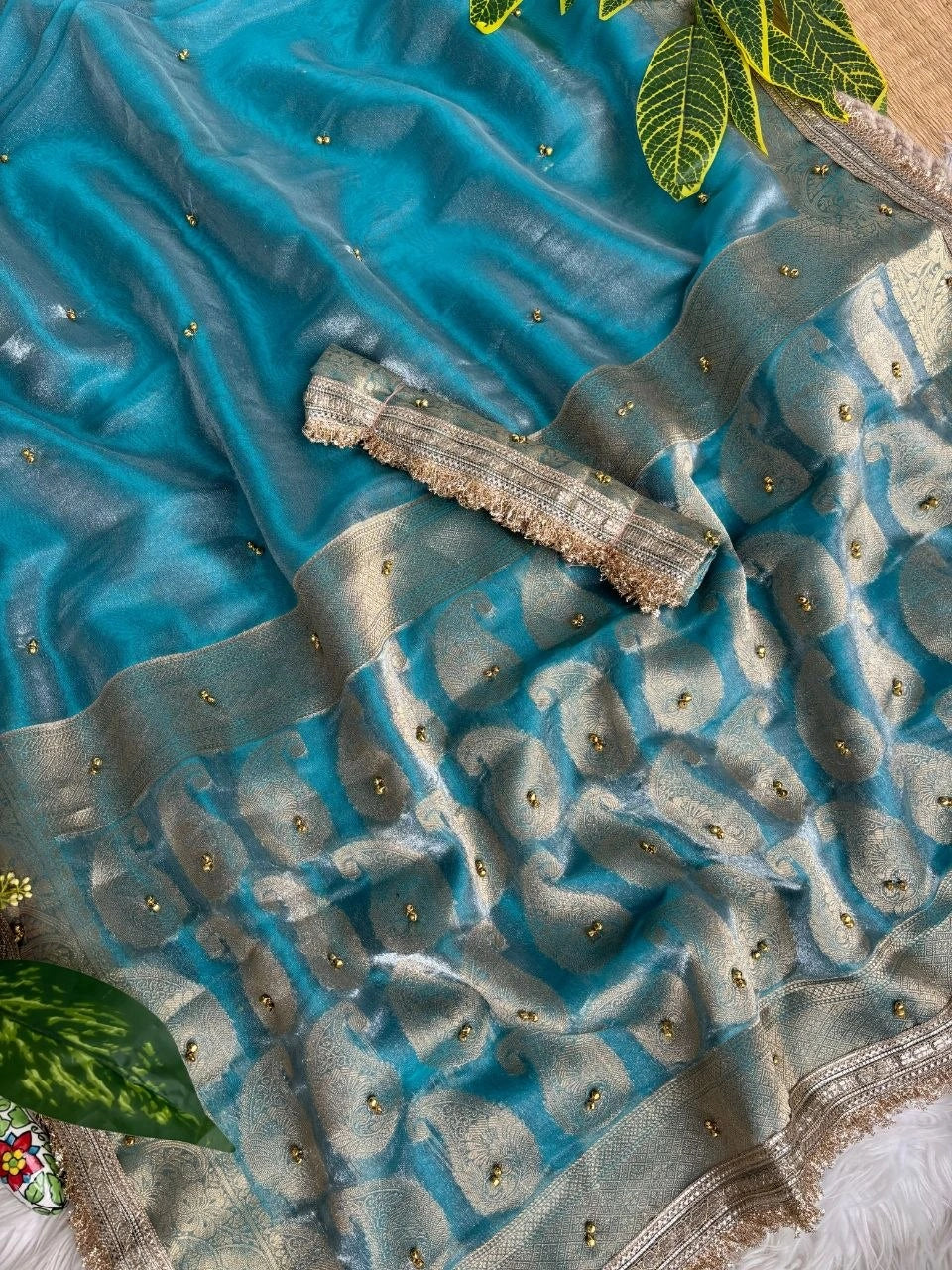 Sky Blue Banarasi Saree Ghungroo Weaving – Kalyanja KS405